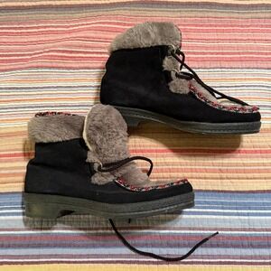 Vintage Yodelers Black Leather Faux Fur Trim Winter Snow Boots Womens 8 55460